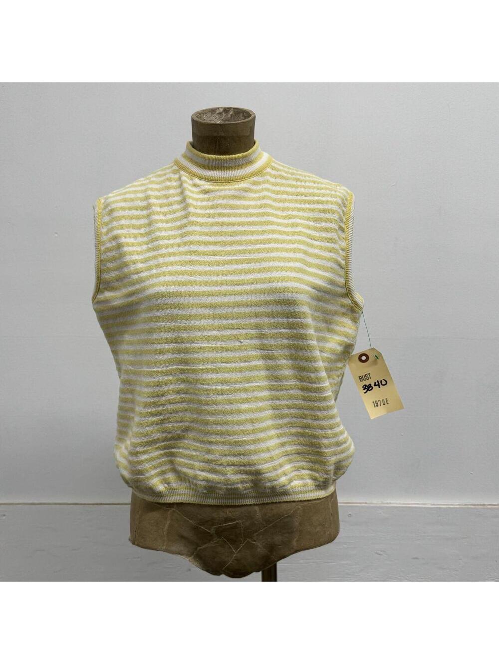 Vintage 1970s Koret Yellow White Striped Terry Cloth Mock Neck Shell Top